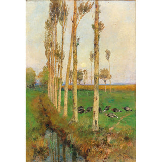 Reproduction Une avenue bordée de peupliers avec des dindes - Marie Egner