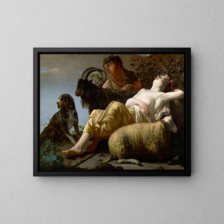 Shepherds and sleeping shepherdess - Reyer Jacobsz van Blommendael — framed artwork on a wall