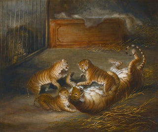 Three lion cubs ligers raised between a lion and a tigress at the royal menagerie - Richard Barrett Davis — artwork view