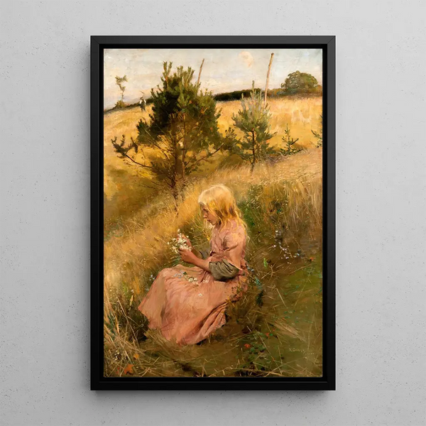 Girl Picking Flowers - Richard Bergh — framed artwork on a wall