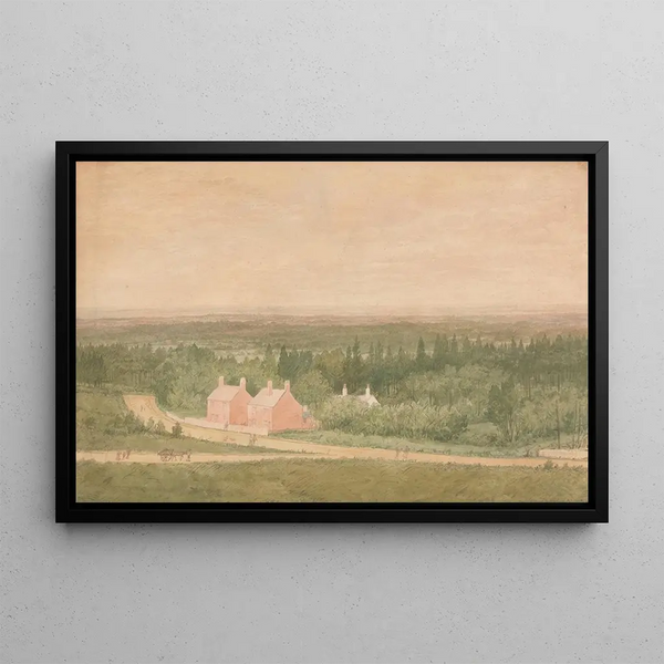 Landscape Painting with Cottages Broadmoor - Richard Dadd — framed artwork on a wall