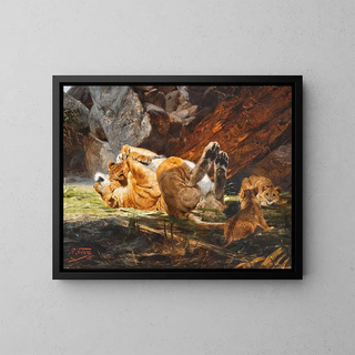 a lioness with lion cubs playing - Richard Friese — framed artwork on a wall