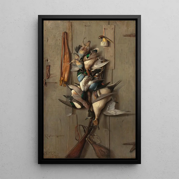 Still life with game and hunting accessories - Richard La Barre Goodwin — framed artwork on a wall