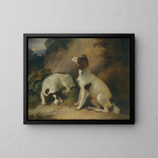Two Springer Spaniels in a Rocky Landscape - Richard Livesay — framed artwork on a wall