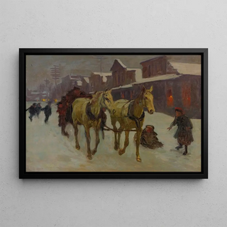Passing through Town on a Cold Winter's Night - Richard Lorenz — framed artwork on a wall