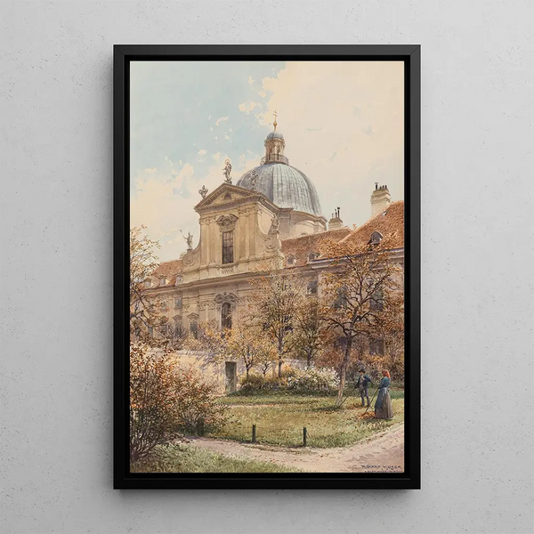 View of the church and the monastery of the Visitation of the church of the Virgin of the Salesian sisters a gardener in the foreground - Richard Moser — framed artwork on a wall