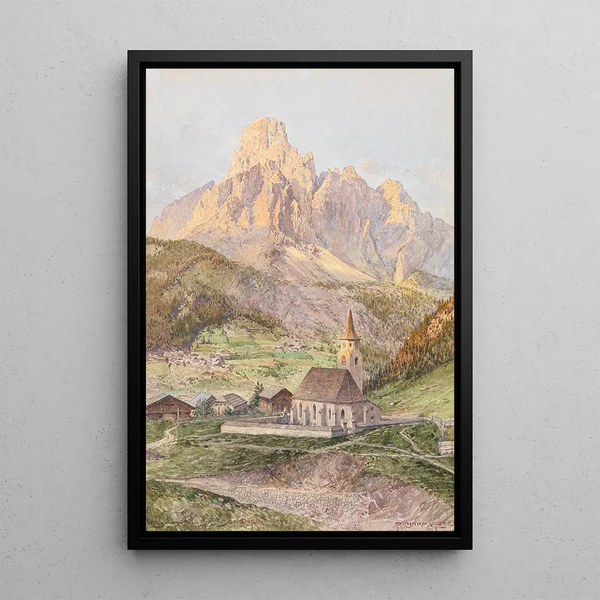 Corvara with the Sas Songher - Richard Moser — framed artwork on a wall