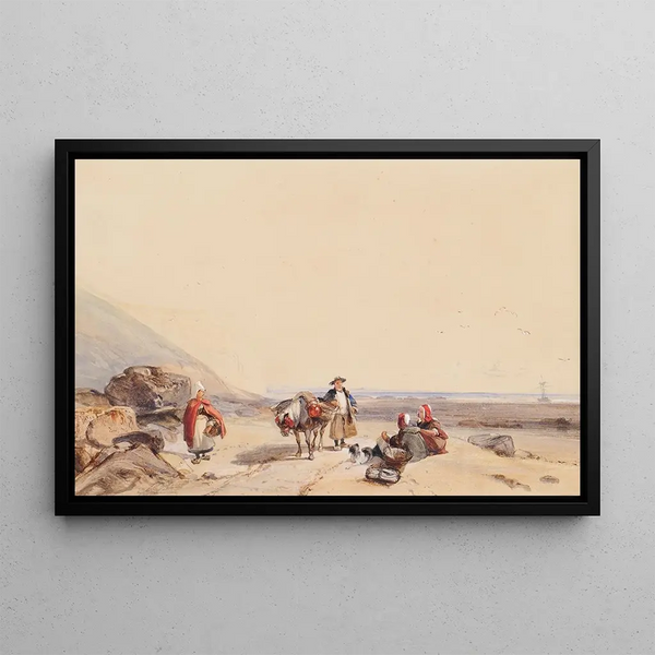 Coastal Scene with Characters - Richard Parkes Bonington — framed artwork on a wall