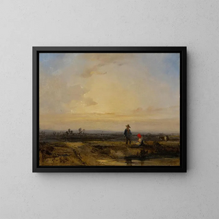 Landscape with Sunset and Figures in front of a Pond - Richard Parkes Bonington — framed artwork on a wall