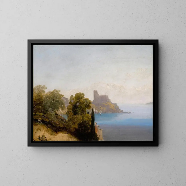 View of Lerici with Baron Charles Rivet sketching in the foreground - Richard Parkes Bonington — framed artwork on a wall