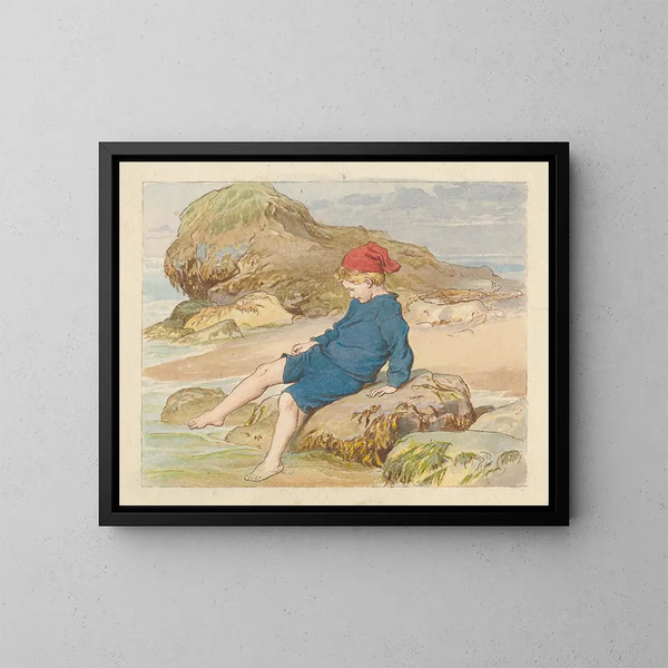 Boy playing near the sea - Robert Barnes — framed artwork on a wall
