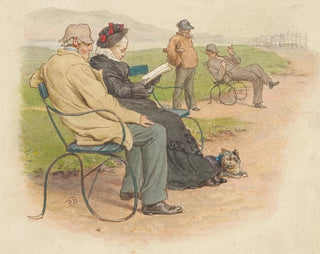 an elderly couple on a park bench with two men in the distance - Robert Barnes — artwork view