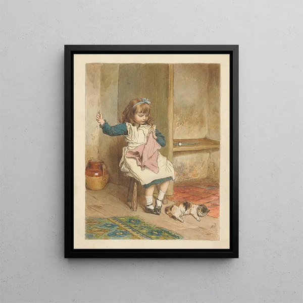 Girl Sewing - Robert Barnes — framed artwork on a wall