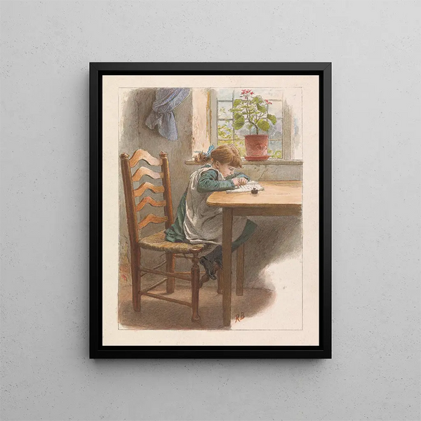 Girl writing - Robert Barnes — framed artwork on a wall