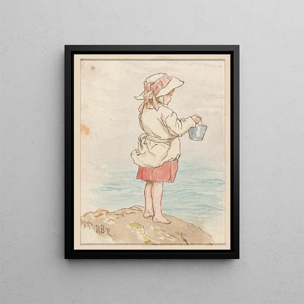 Girl with a Bucket by the Sea - Robert Barnes — framed artwork on a wall