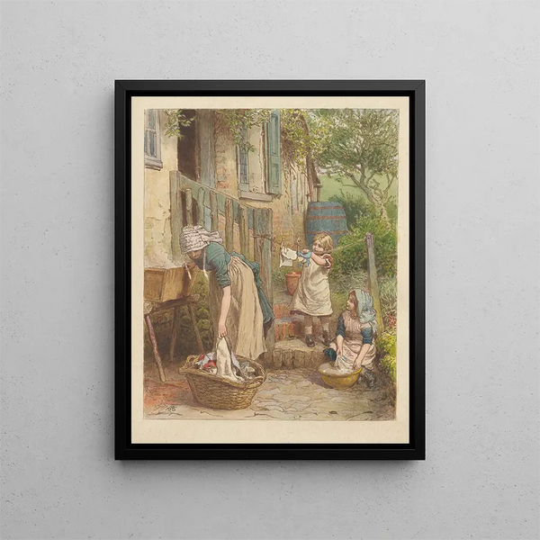 a woman doing laundry with two girls - Robert Barnes — framed artwork on a wall