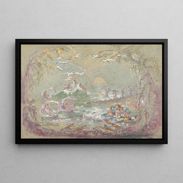 Lake scene with fairies and swans - Robert Caney — framed artwork on a wall