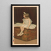 Young girl in a white and blue dress sitting on a chest reading a book - Robert Chapman Co — framed artwork on a wall