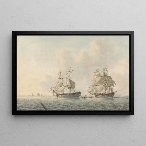 an English warship taking possession of a ship - Robert Cleveley — framed artwork on a wall