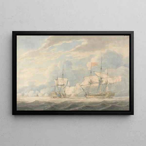 The Dutch Vice-Admiral lowering his flag to the English Vice-Admiral Onslow under Admiral Duncan at the Battle of Camperdown on October 11, 1797 - Robert Cleveley — framed artwork on a wall