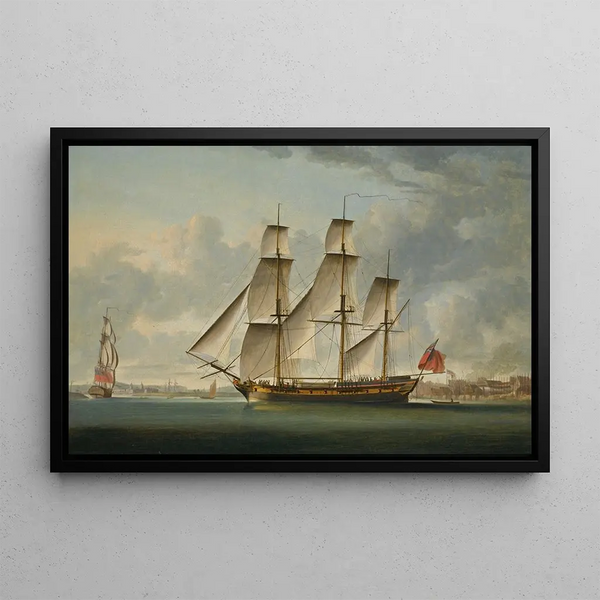 The East India Ship Delaford in two positions passing Deptford, the Royal Hospital of Greenwich beyond - Robert Dodd — framed artwork on a wall