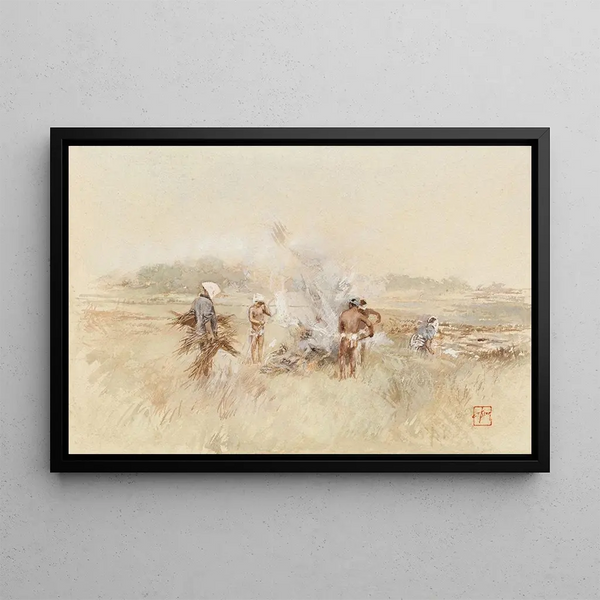 "At work, stacking brushwood on smoking fires" by Robert Frederick Blum — framed artwork on a wall