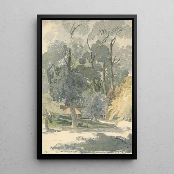 Trees and barns in Ashstead Park, Surrey - Robert Hills — framed artwork on a wall