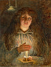 Portrait painting of Annie, the artist's wife, holding a candle - Robert Jobling — artwork view
