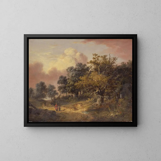 Landscape wooded with woman and child walking on a path - Robert Ladbrooke — framed artwork on a wall