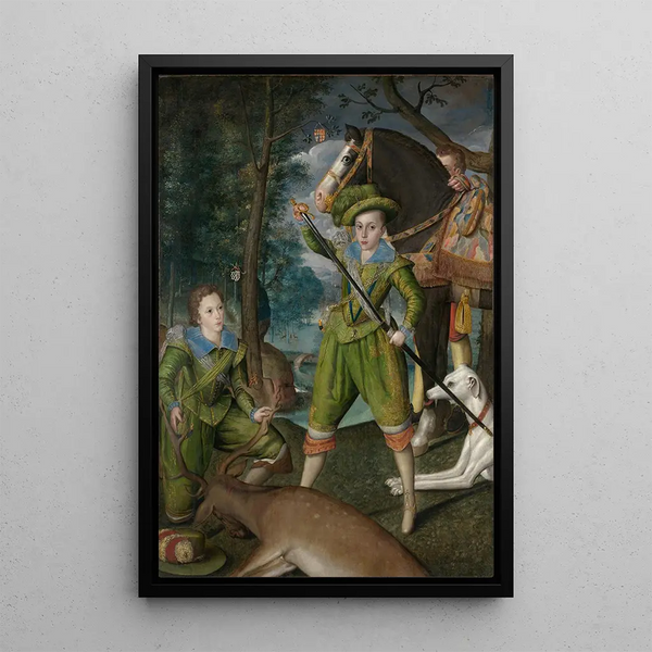 Henry Frederick 1594-1612 Prince of Wales with Sir John Harington 1592-1614 on the hunting ground - Robert Peake the Elder — framed artwork on a wall