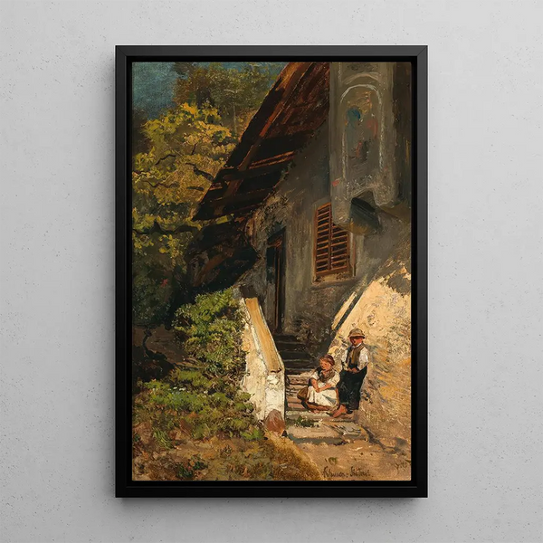 Children in front of the Klausen Tyrol farm - Robert Russ — framed artwork on a wall