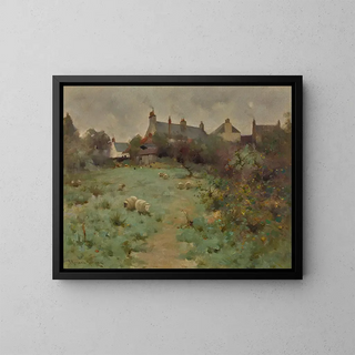 Farm with grazing sheep - Robert Russell MacNee — framed artwork on a wall