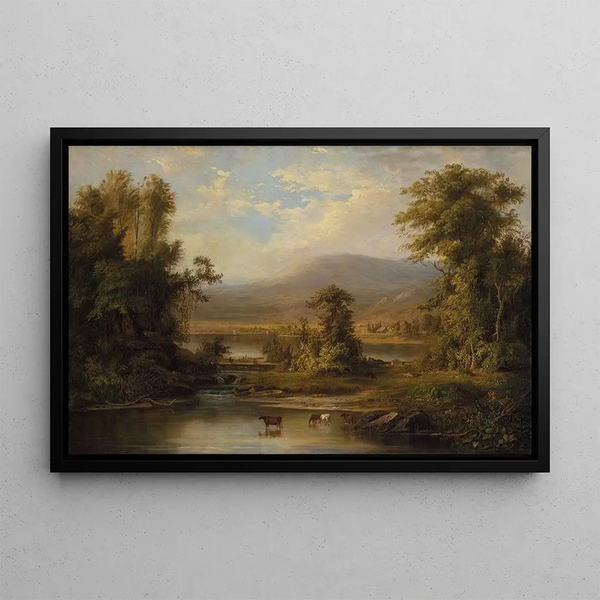 Landscape painting with cows drinking from a stream - Robert S. Duncanson — framed artwork on a wall