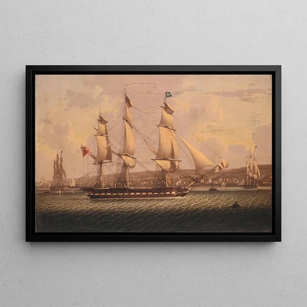 A warship of the red squadron leaving the anchorage of Tail of the Bank on the Clyde - Robert Salmon — framed artwork on a wall