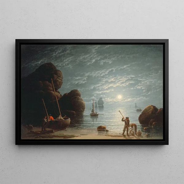 Coastal Scene Painting under Moonlight - Robert Salmon — framed artwork on a wall