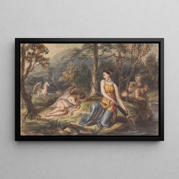 Diane, goddess of the hunt, with satyrs, sleeping Cupid, and a Pegasus in a wooded landscape - Robert Smirke — framed artwork on a wall