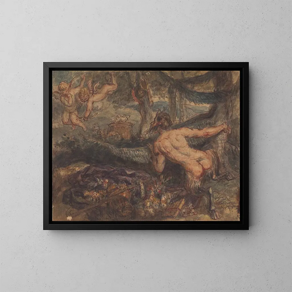 Pan spying behind a tree a putto shooting arrows - Robert Smirke — framed artwork on a wall