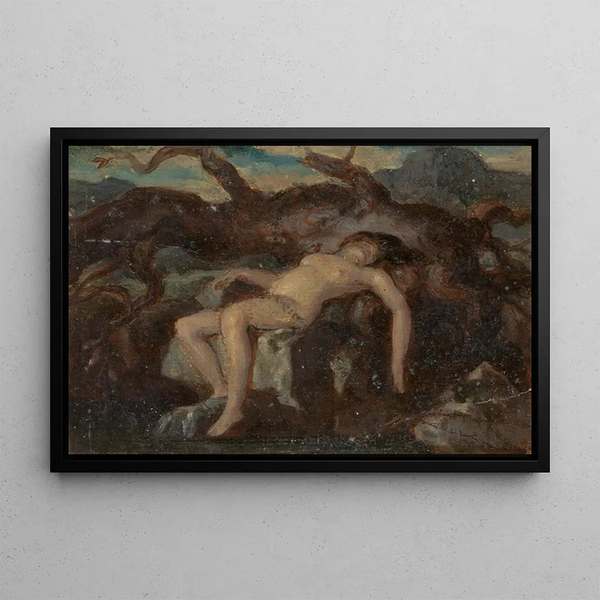 Femme dormant nue dans un paysage boisé - Robert Smirke — framed artwork on a wall