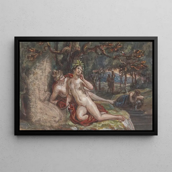 Scene wooded with a couple lying under a tree near a stream - Robert Smirke — framed artwork on a wall