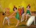 Interior of a circus with clowns, trapeze artists, and a strongman - Robert Storm Petersen — artwork view