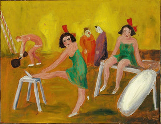 Interior of a circus with clowns, trapeze artists, and a strongman - Robert Storm Petersen — artwork view