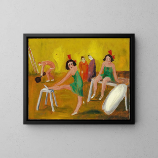 Interior of a circus with clowns, trapeze artists, and a strongman - Robert Storm Petersen — framed artwork on a wall