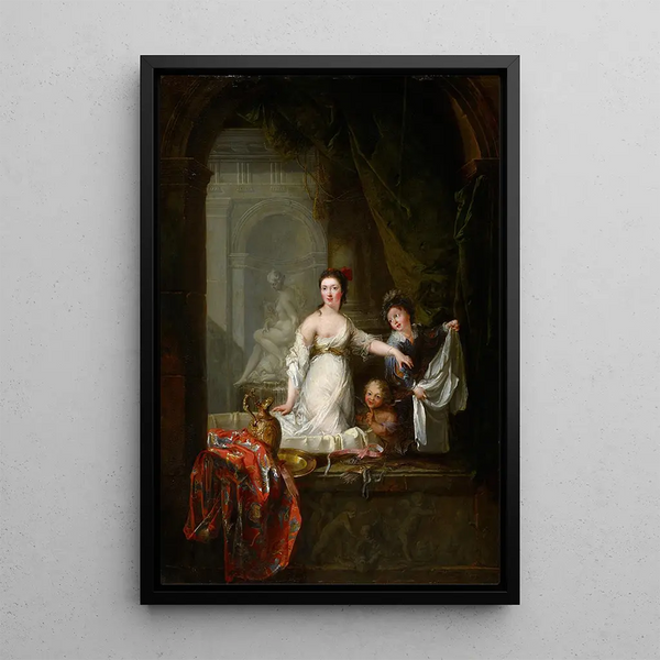Lady in the bath with cupids - Robert Tournières — framed artwork on a wall