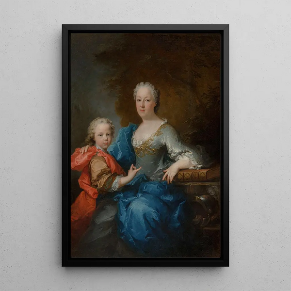 Portrait painting of a woman with a young boy in a park - Robert Tournières — framed artwork on a wall