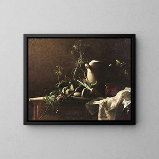 Nature morte avec poireaux, pommes de terre et fenouil sur un meuble de commode - Robert Wylie — framed artwork on a wall