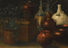 Nature morte with two glass bottles covered with wicker, a jug, a selection of other pots, and a herbaceous plant - Rodolfo Lodi — artwork view