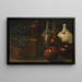 Nature morte with two glass bottles covered with wicker, a jug, a selection of other pots, and a herbaceous plant - Rodolfo Lodi — framed artwork on a wall