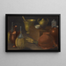 Nature morte with two glass bottles covered with wicker, an overturned terracotta pot, a selection of other containers, and a bunch of carrots - Rodolfo Lodi — framed artwork on a wall