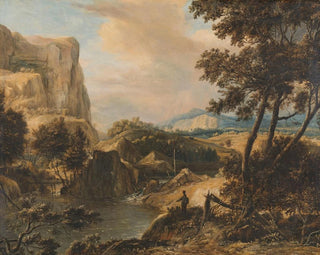 Mountain landscape painting with a fisherman - Roelant Roghman — artwork view