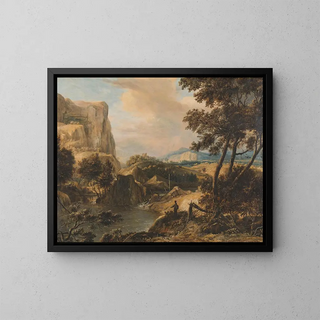 Mountain landscape painting with a fisherman - Roelant Roghman — framed artwork on a wall